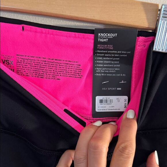 Victoria's Secret Leggings Knockout Tight Workout Pink Black Pockets XS Stretch - Picture 3 of 7